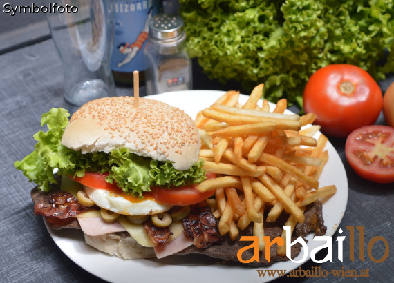 Burgermenüs aus bestem Fleisch frisch zugestellt bei Arbaillo 1020 Wien. Alle Burger immer mit Pommes oder Wedges und 0,33L alk. fr. Getränk